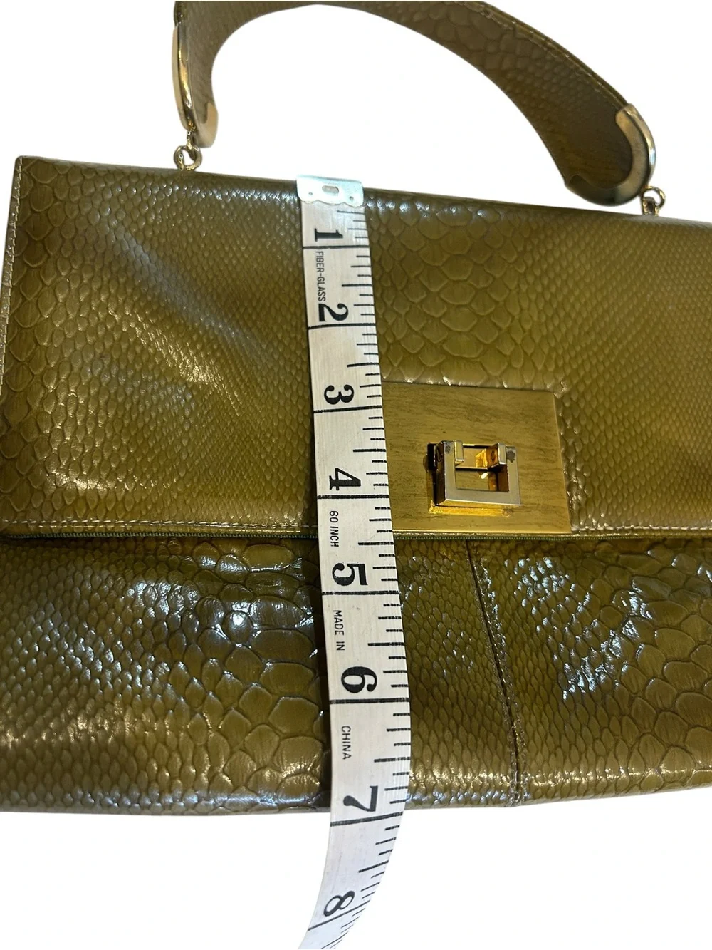 Vintage Olive Green Faux Snakeskin Top Handle Purse Gold Turn Lock Structured